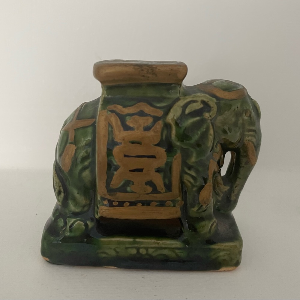 Vintage Green Ceramic Elephant Figurine Trunk Up 5-in High.